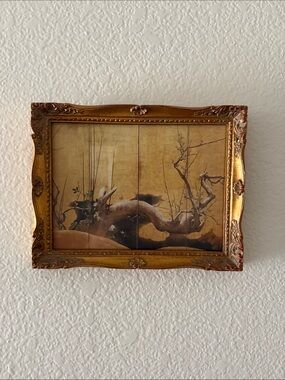 Vintage Japanese Plum Tree Gold Ornate Framed Botanical Wall Art